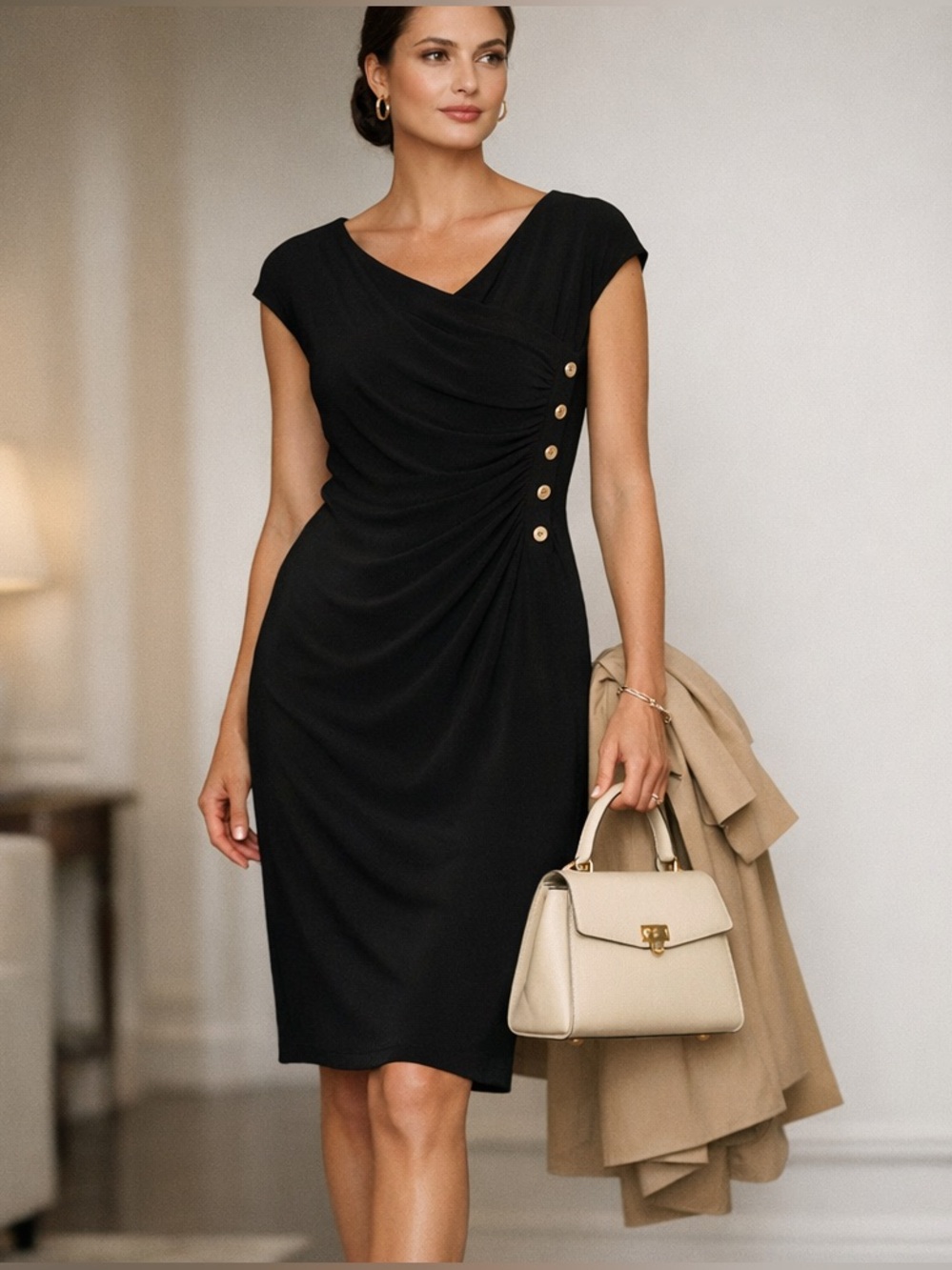 Lauren Ralph Lauren Lined Black Midi Cap Sleeve Sheath Dress Women's Sz 4